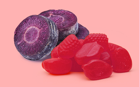 red gummy candy and purple beets