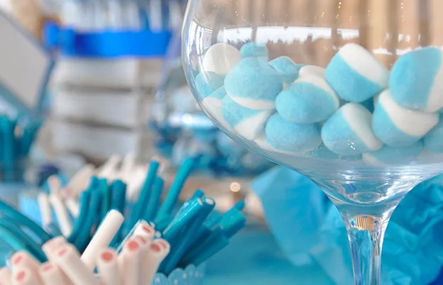 blue candies in bowls