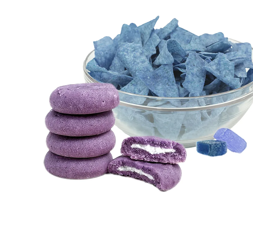 purple cookies, blue candies and blue tortilla chips