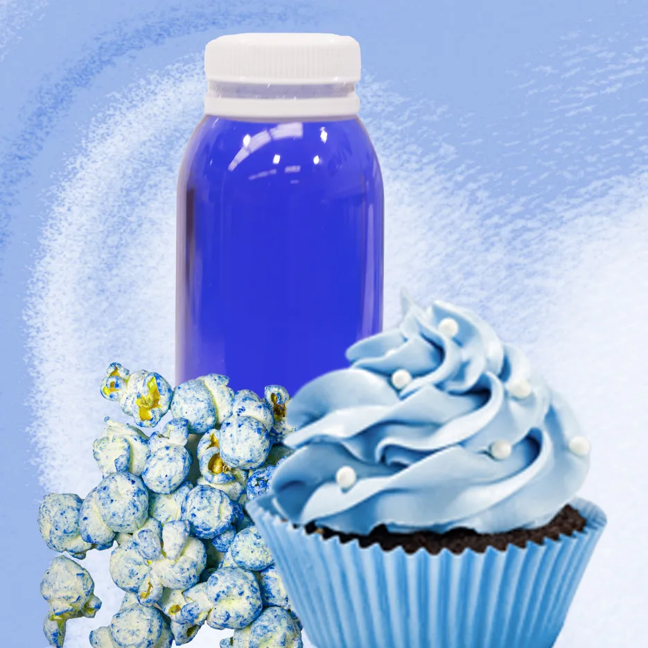 blue cupcake, popcorn and drink
